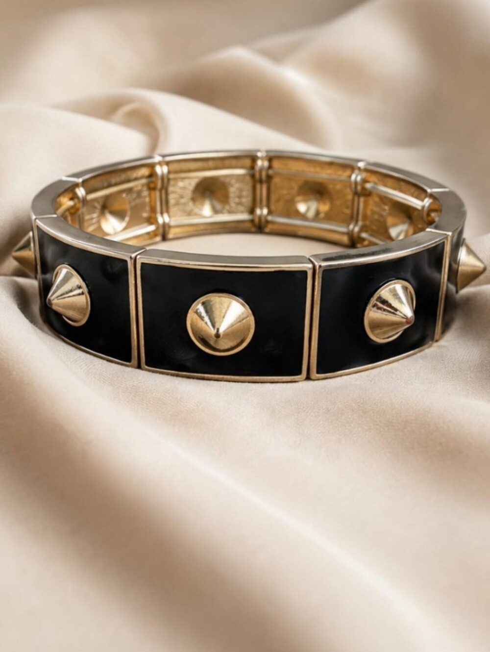 Y2K Lova Glam Punk Black Enamel Gold Spike Tile Stretch Bracelet Studded Bangle